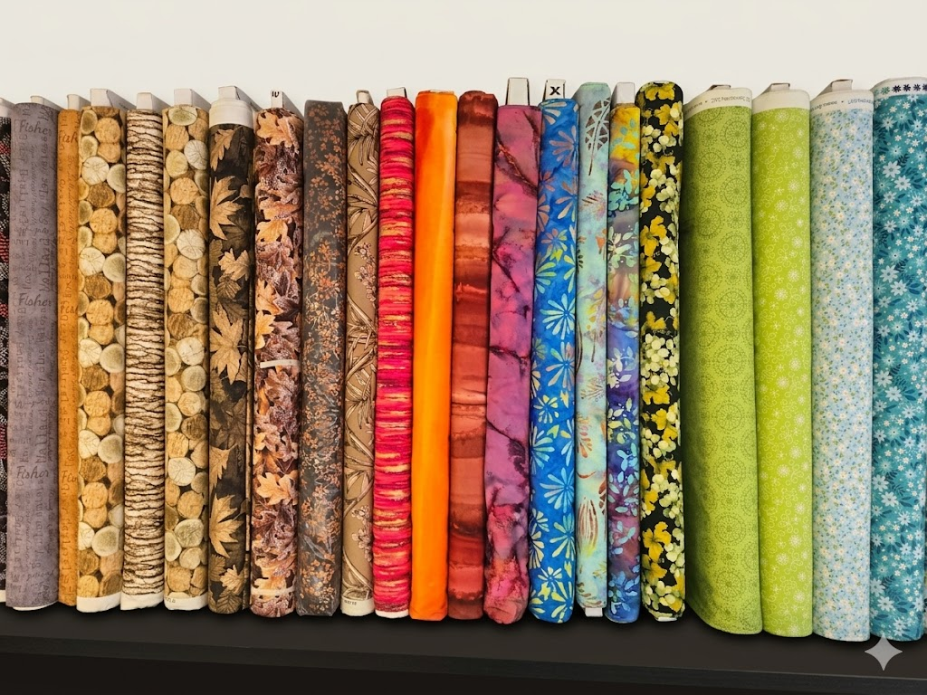 Shelves of vibrant colorful fabric rolls in our studio
