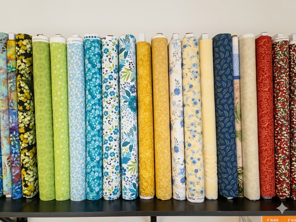 Collection of artisan fabric rolls on display